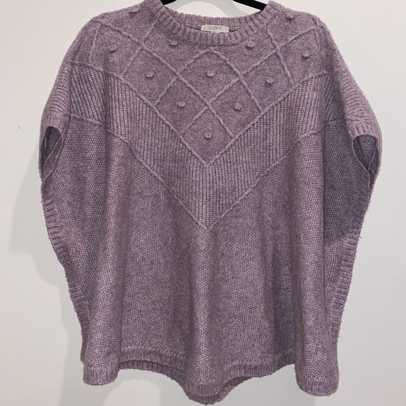 LOFT Wool Sweater Poncho XS/S Purple Pullover Crew Cable Knit Cape Fall Winter - Picture 3 of 8
